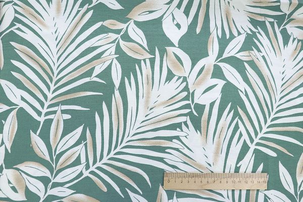 Лен N/R слаб принт/листья белые на мятном 3826-PY/D#5/C#2