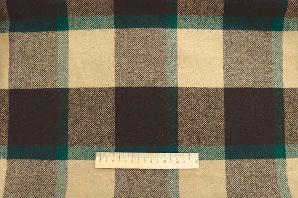 Пальтовая ткань "Микроворса" принт/клетка коричнево-зеленая на бежевом 778-90135/C#8033-7