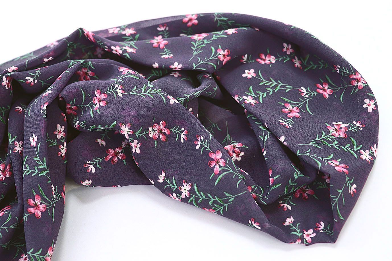 Шифон принт/цветы коралловые на фиолетовом 3707-PY/D#20/C#3