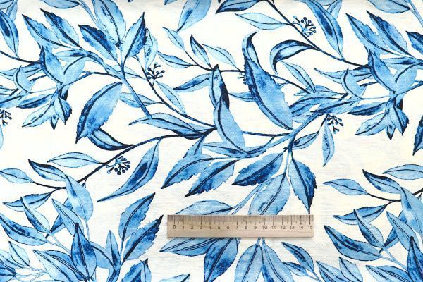 Лен БОХО принт/листья голубые на молочном 4077-PY/D#20/C#1