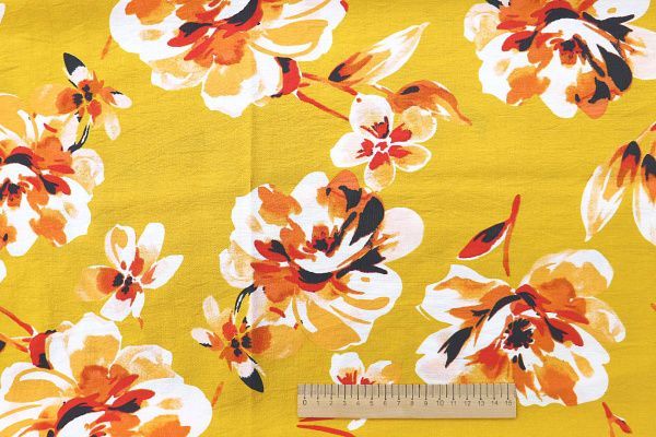 Лен БОХО принт/цветы оранжевые на желтом 3383-PY/D#9768-201/C#2