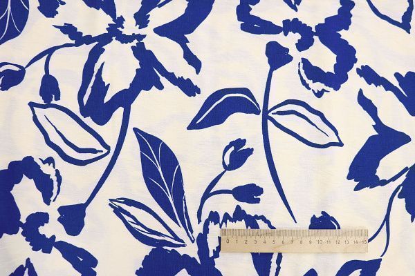 Лен БОХО принт/цветы синие на молочном 3857-PY/D#10/C#3