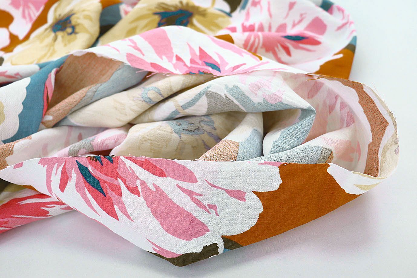 Лен БОХО принт/цветы желто-розовые на бирюзовом 3637-PY/D#3/C#3