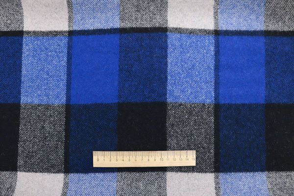 Пальтовая ткань "Микроворса" принт/клетка черно-синяя на белом 778-90135/C#8008-3