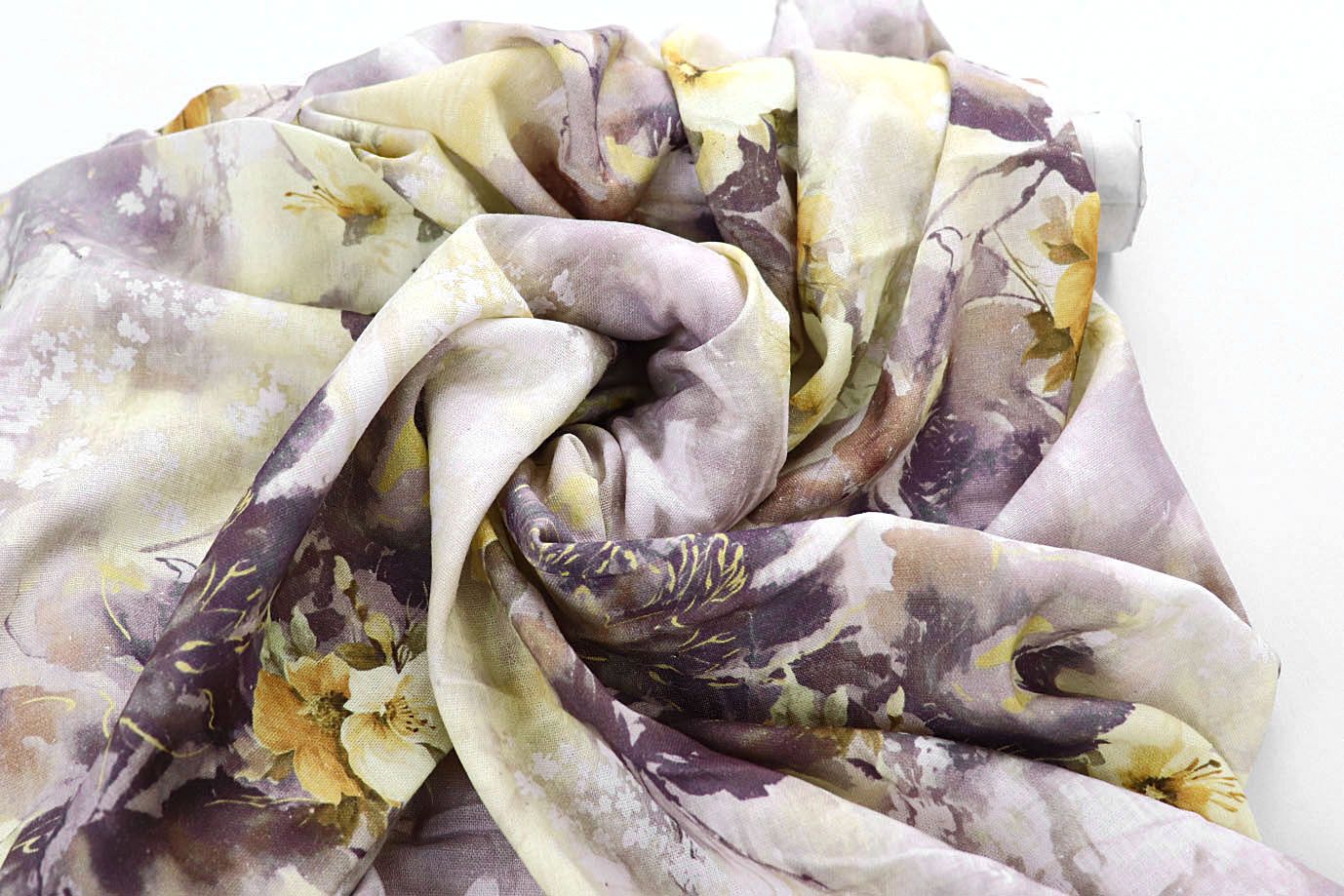 Лен принт/цветы желтые и серо-фиолетовые 4076-PY/D#24/C#1