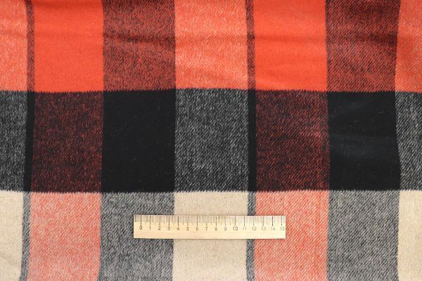 Пальтовая ткань "Микроворса" принт/клетка черно-коралловая на бежевом 778-90135/C#8008-2