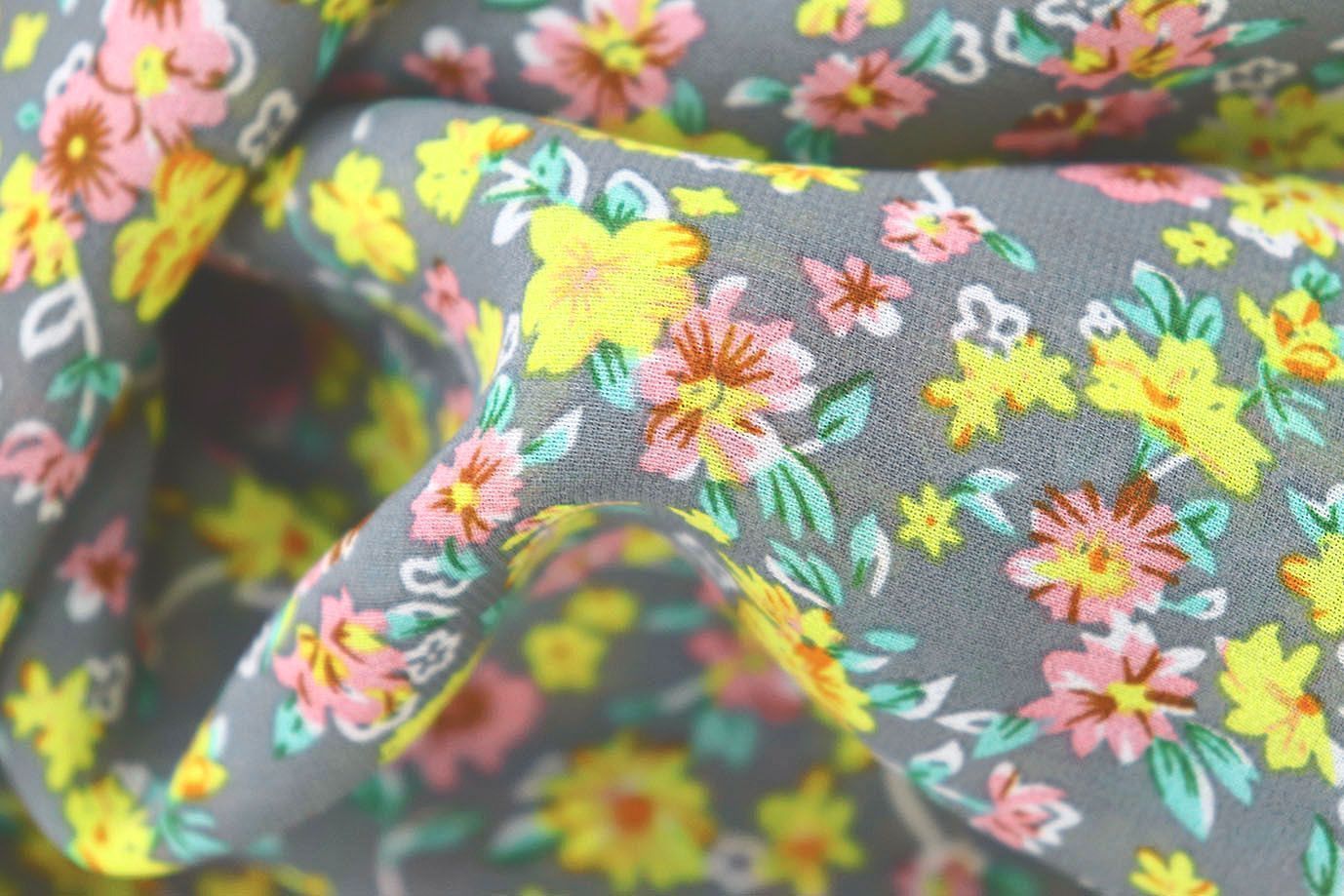 Шифон принт/цветы желто-розовые на сером 3707-PY/D#42/C#1