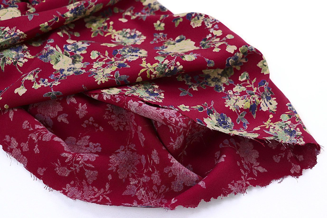 Штапель принт/цветы бежево-зеленые на бордовом 1466-PY/D#1/C#1