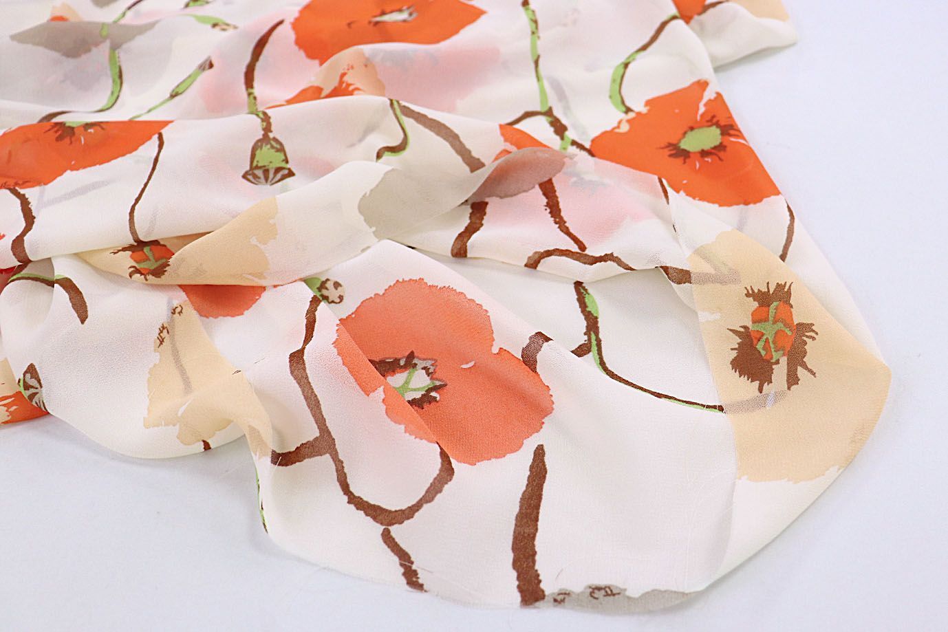 Шифон принт/цветы оранжево-серые на белом 3711-PY/D#4/C#2