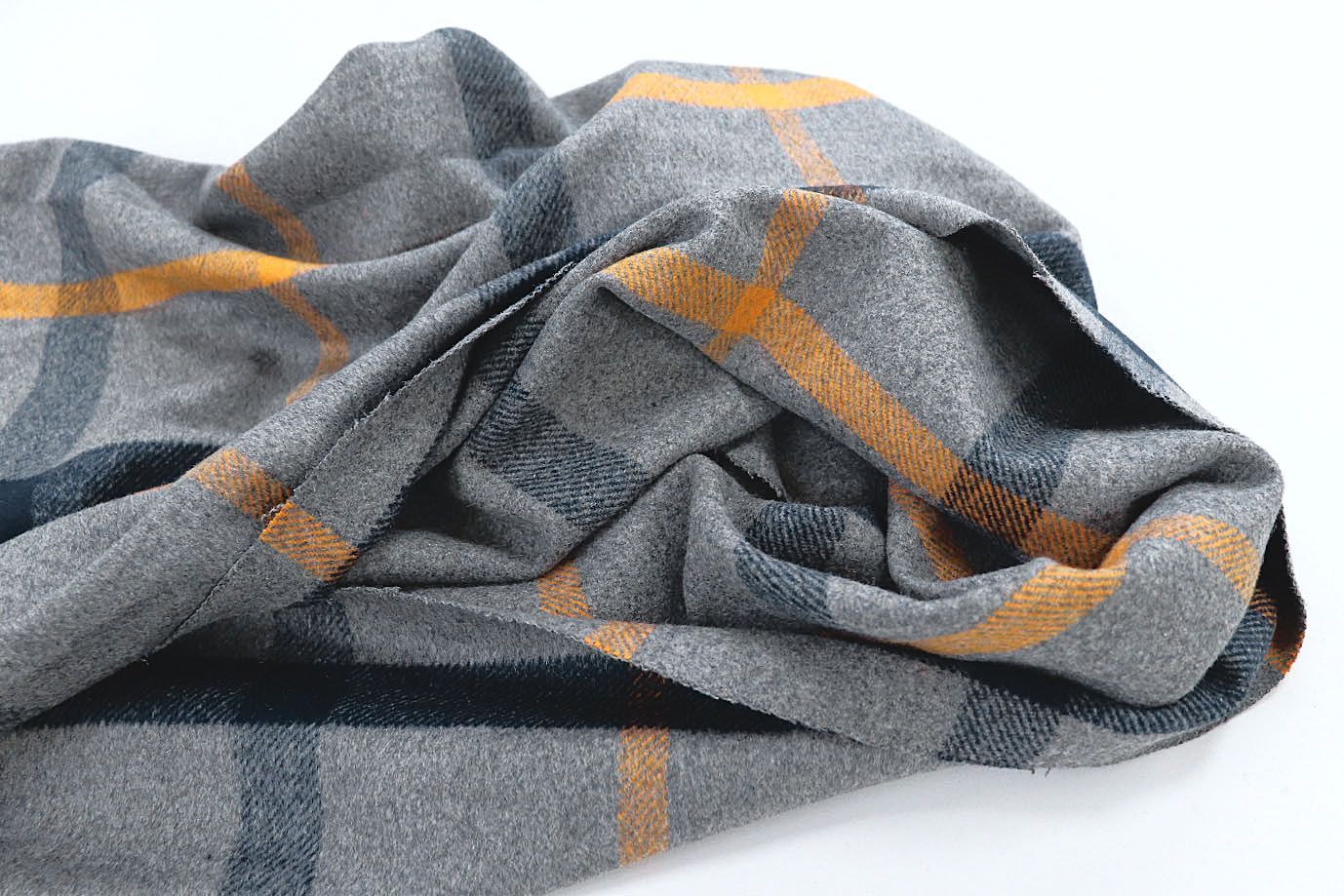 Пальтовая ткань "Микроворса" принт/клетка черно-оранжевая на сером 778-90135/C#8040-6