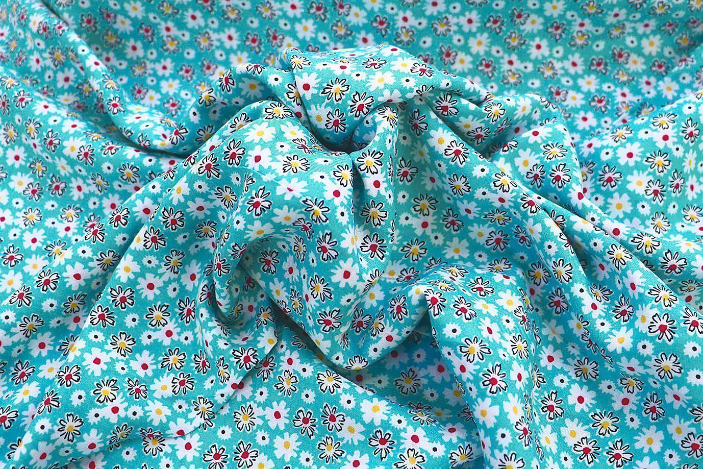 Штапель принт/цветы белые на бирюзовом 1374-PY/D#49/C#5