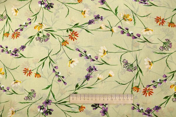 Шифон принт/цветы желто-фиолетовые на горчичном 3707-PY/D#2/C#1