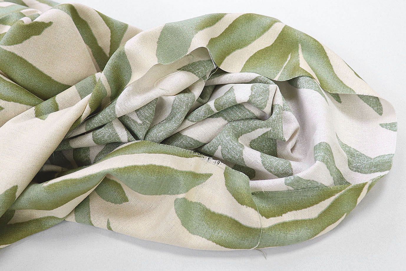 Лен принт/листья зеленые на бежевом 3852-PY/D#5/C#1