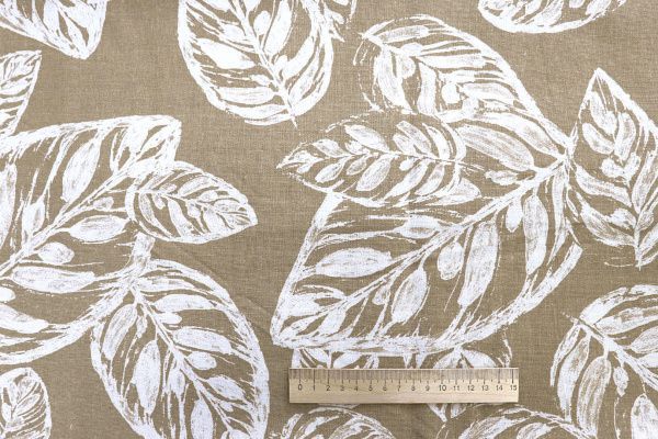 Лен принт/листья белые на светло-коричневом 4076-PY/D#1/C#3