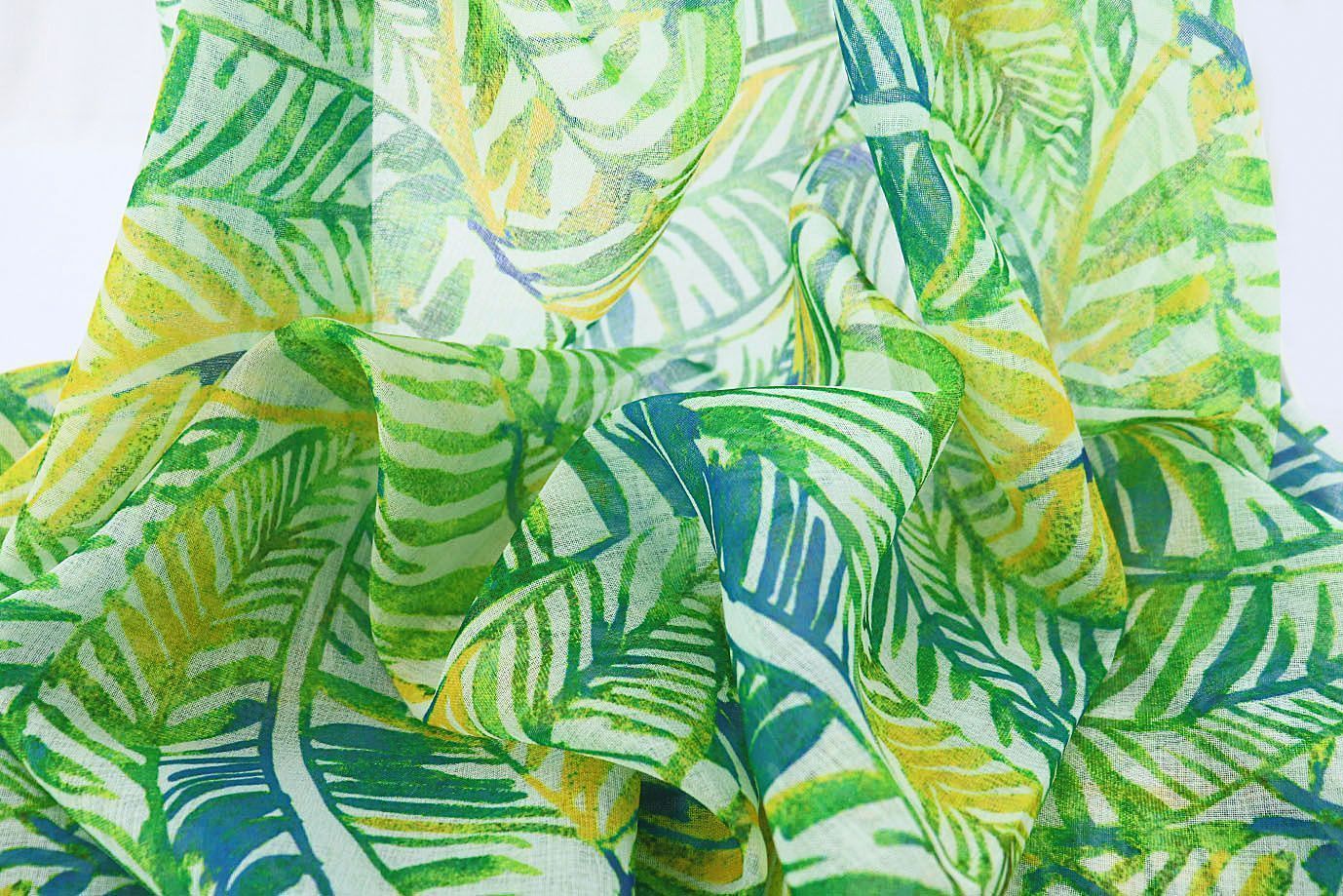 Тюль принт/листья сине-желто-зеленые WBC23/C#3B