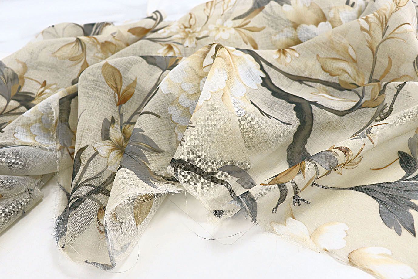 Тюль принт/цветы серо-желтые на бежевом 1520-8/C#Grey