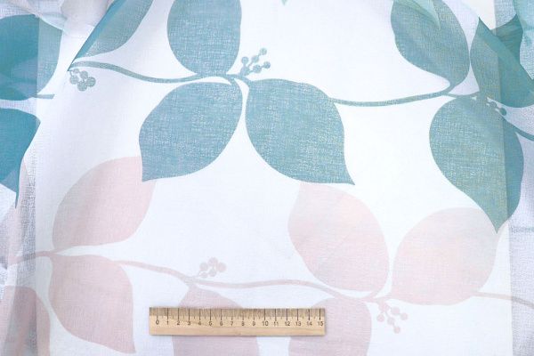 Тюль принт/листья бирюзово-розовые WBC23/C#8A