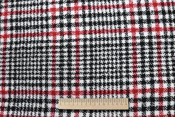 Пальтовая ткань "Клетка" принт/черно-красный на белом 360-219022/C#1
