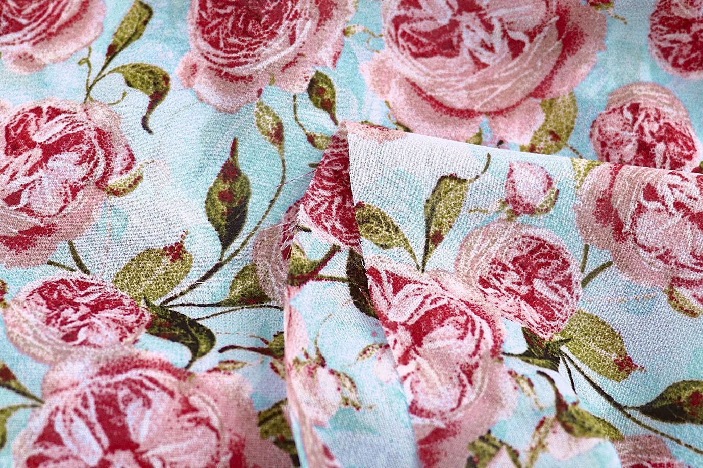 Шифон принт/розы розовые на голубом 4247-PY/D#1/C#2