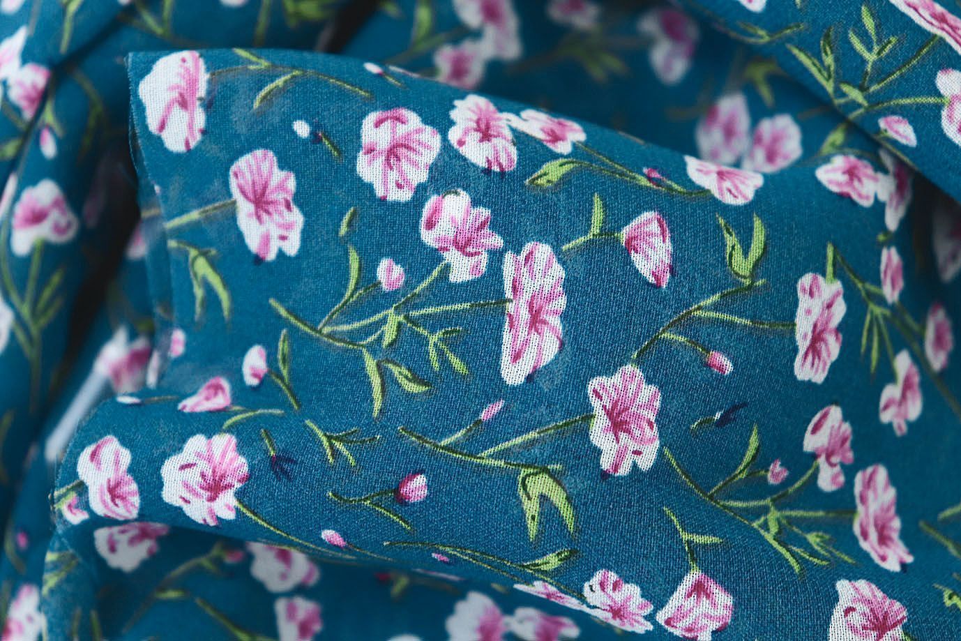 Шифон принт/цветы розовые на синем 3707-PY/D#19/C#4