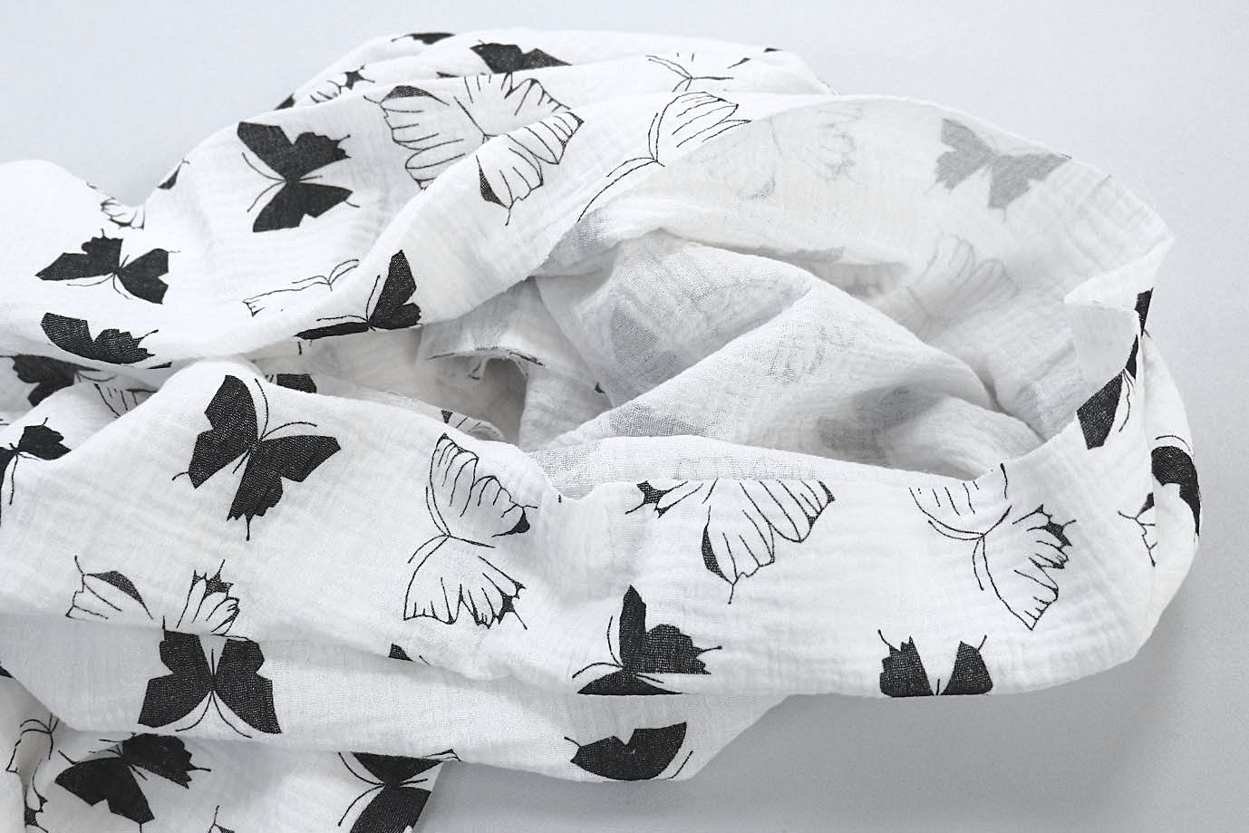 Муслин принт/бабочки черные на белом 1393-PY/D#12/C#1