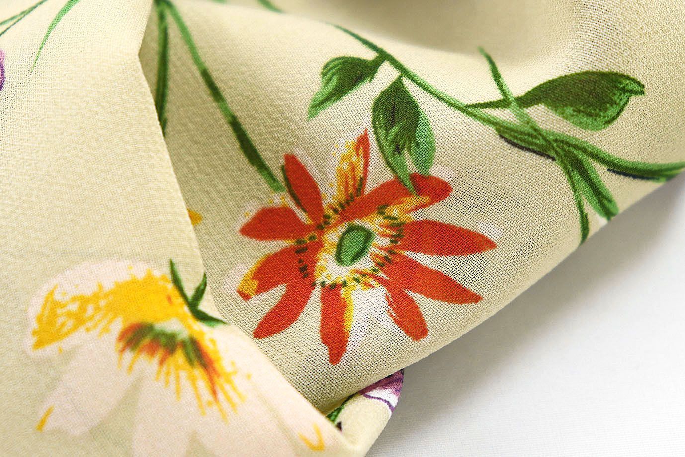 Шифон принт/цветы желто-фиолетовые на горчичном 3707-PY/D#2/C#1