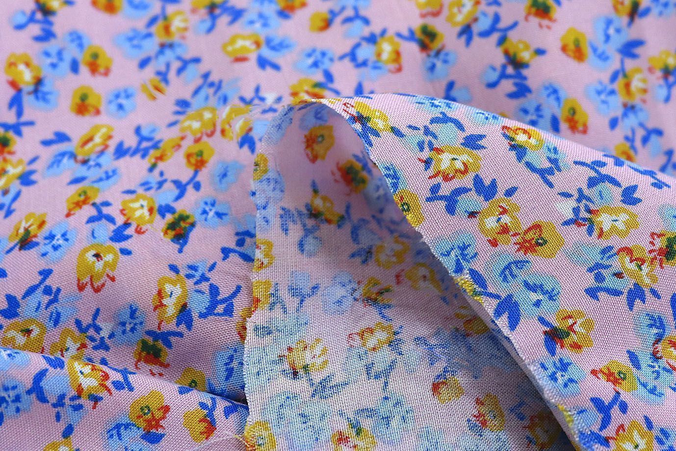 Штапель принт/цветы сине-оранжевые на розовом 3860-PY/D#45/C#1