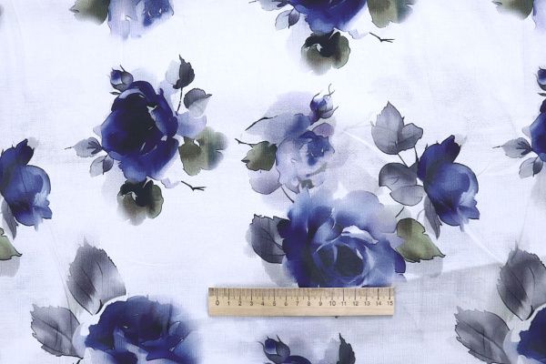 Лен "Медея" принт/цветы сине-болотные на белом 4097-PY/D#8/C#1