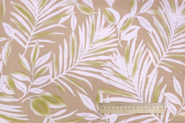 Лен N/R слаб принт/листья белые на бежевом 3826-PY/D#5/C#3