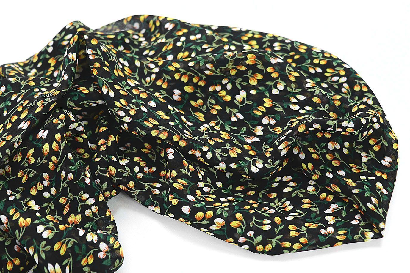 Шифон принт/цветы желто-белые на черном 3707-PY/D#11/C#3