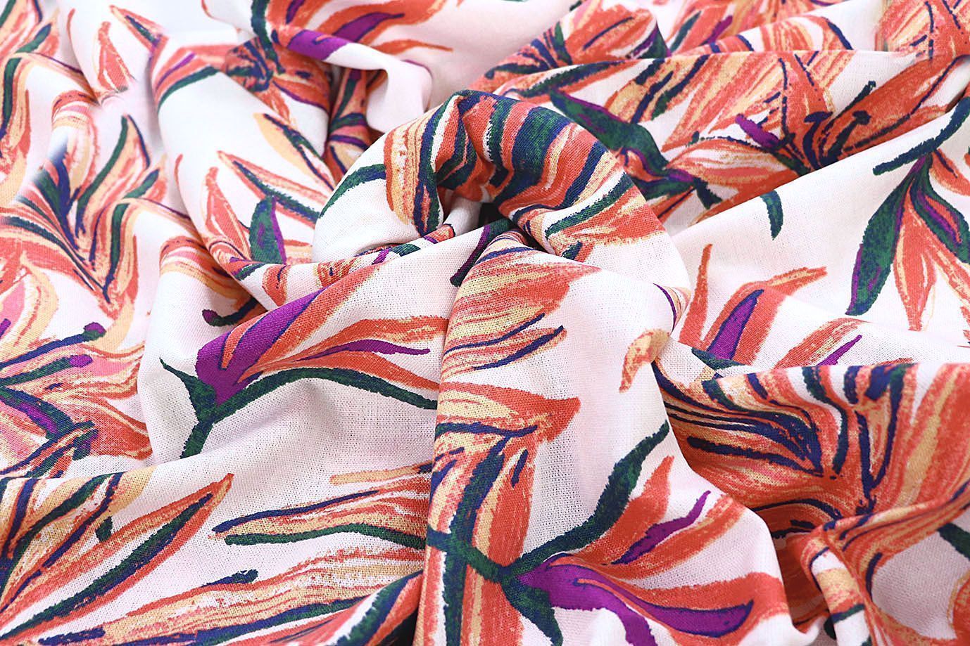 Лен принт/листья оранжевые на белом 3852-PY/D#1/C#2