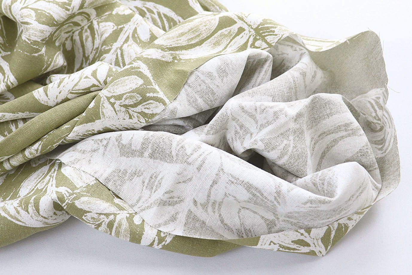 Лен принт/листья белые на серо-желтом 4076-PY/D#1/C#1