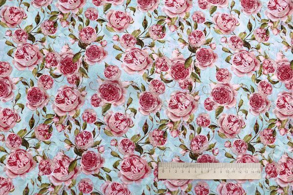 Шифон принт/розы розовые на голубом 4247-PY/D#1/C#2