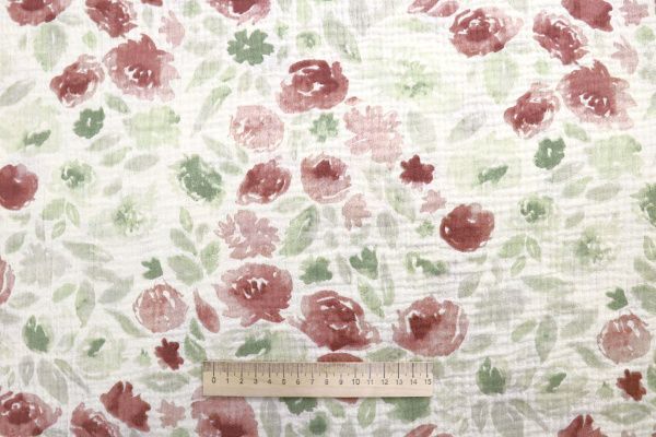 Муслин принт/цветы бордово-зеленые на молочном 4017-PY/D#13