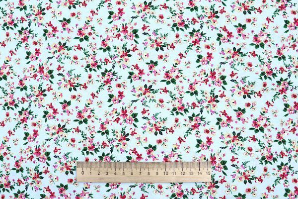 Штапель принт/цветы малиново-зеленые на голубом 4205-PY/D#13/C#4