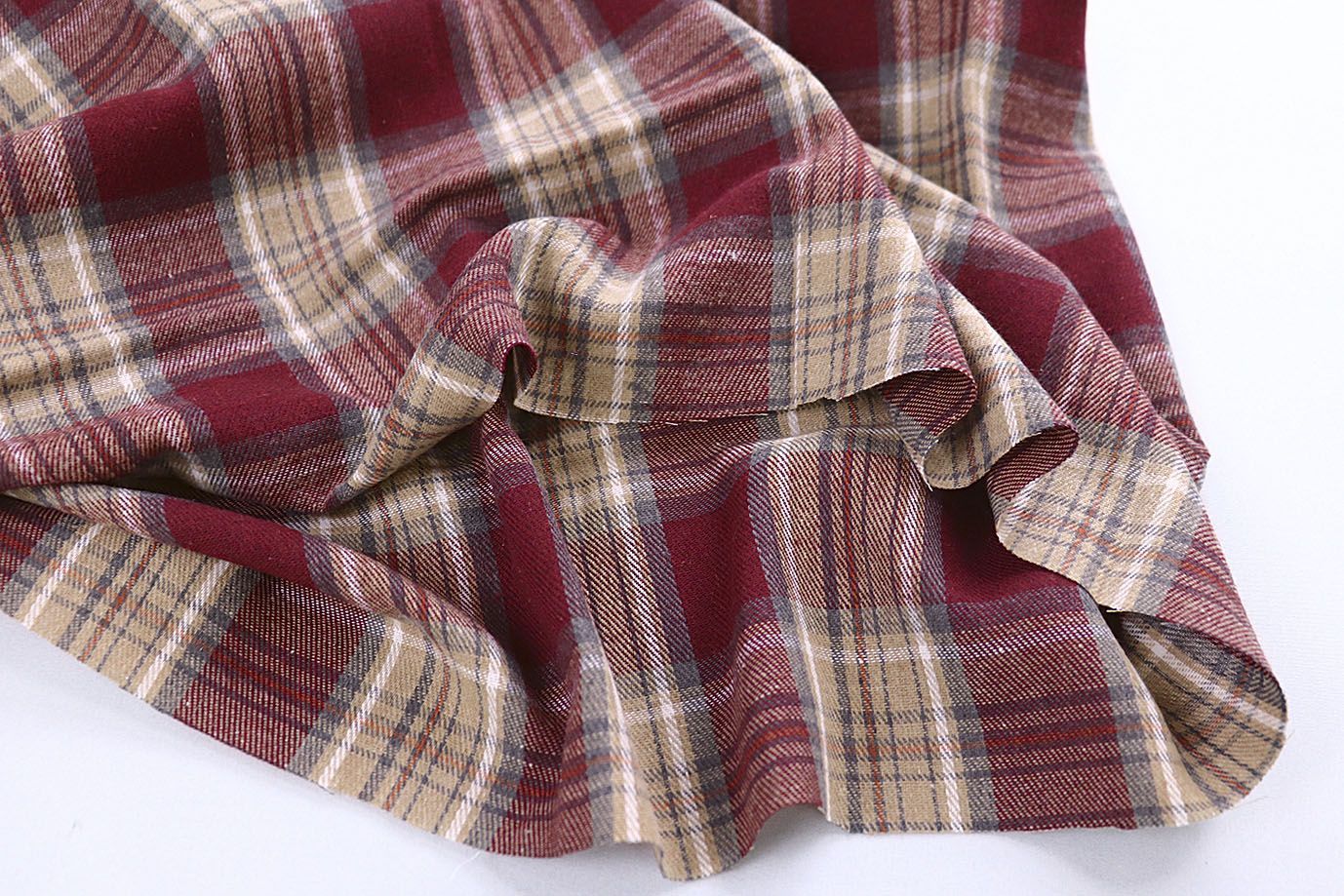 Рубашечная ткань принт/клетка бежевая на бордовом 1418-PY/D#4/C#3