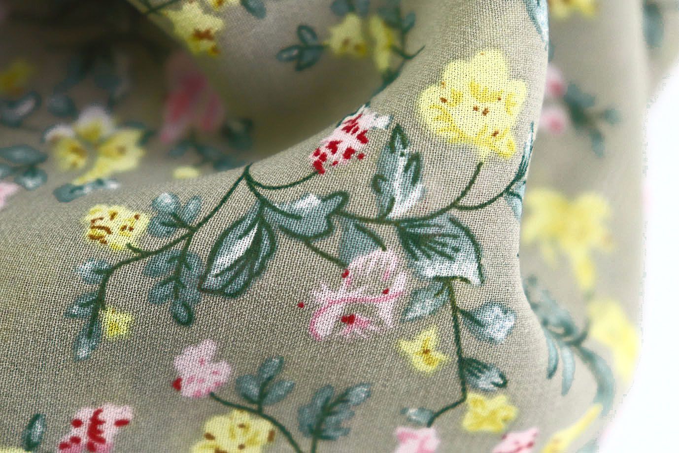 Шифон принт/цветы желто-белые на серо-бежевом 3707-PY/D#46/C#3