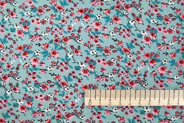 Штапель принт/цветы кораллово-белые на мятном 3660-PY/D#37/C#3