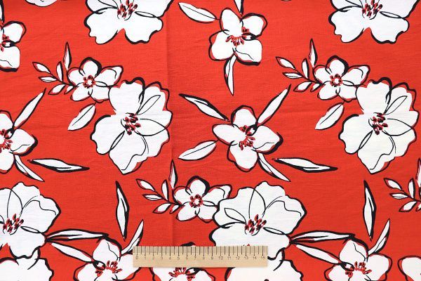 Лен БОХО принт/цветы белые на коралловом 3383-PY/D#9768-203/C#4