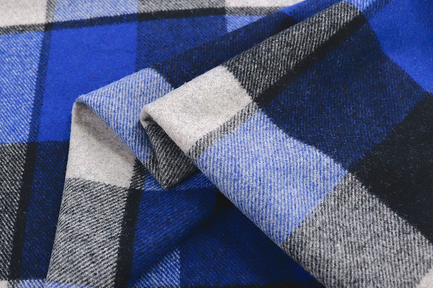 Пальтовая ткань "Микроворса" принт/клетка черно-синяя на белом 778-90135/C#8008-3