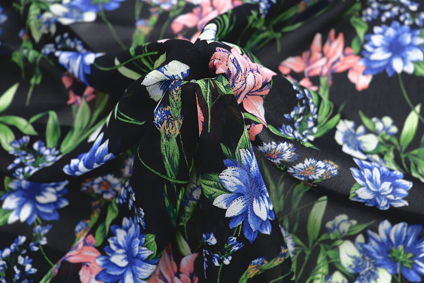 Шифон креп принт/цветы сине-розовые на черном 3639-PY/D#19/C#4