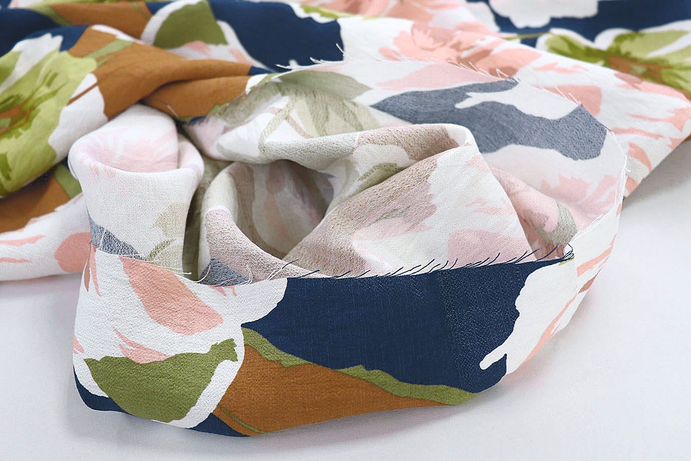 Лен БОХО принт/цветы зелено-розовые на темно-синем 3637-PY/D#3/C#1