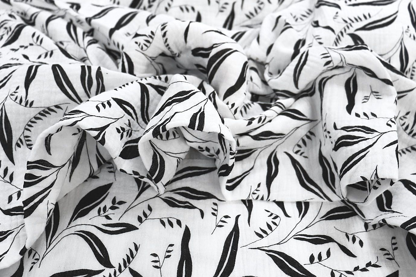 Муслин принт/листья черные на белом 1393-PY/D#24/C#1