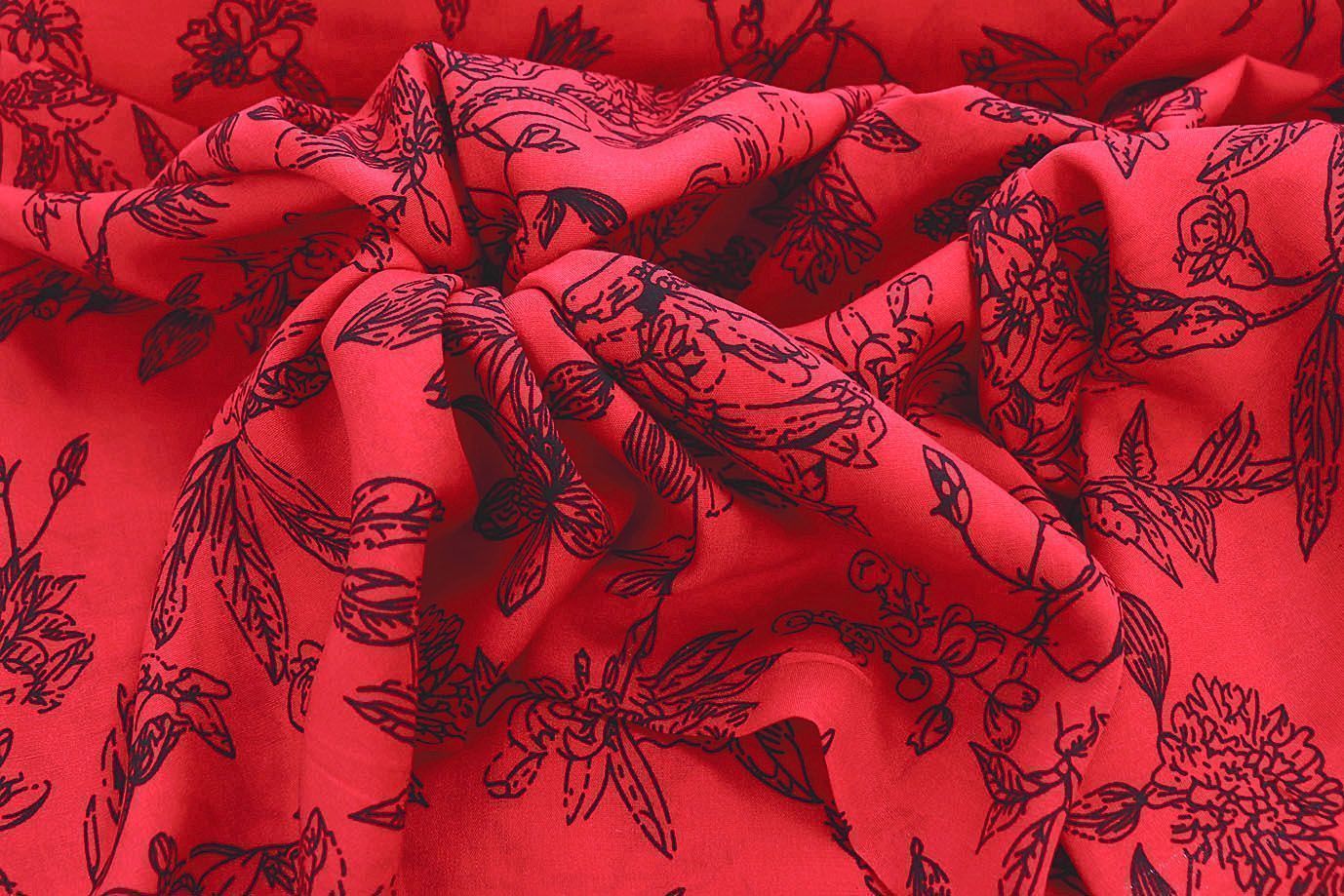 Штапель принт/цветы черные на красном 1374-PY/D#28/C#1