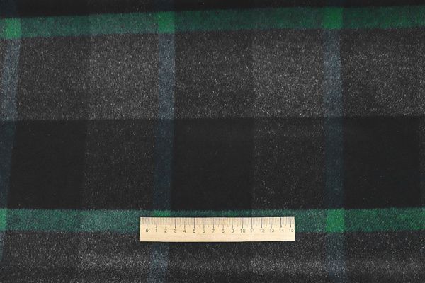 Пальтовая ткань "Микроворса" принт/клетка черно-зеленая на сером 778-90135/C#8033-3