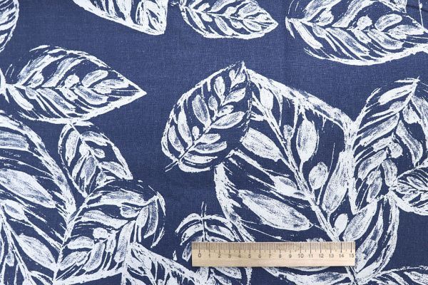 Лен принт/листья белые на синем 4076-PY/D#1/C#2