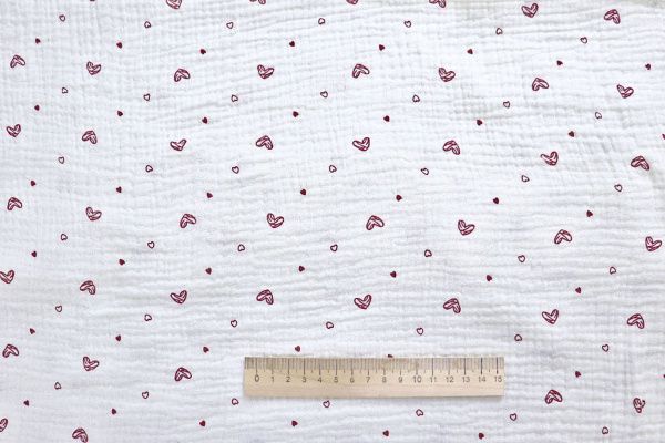 Муслин принт/сердечки бордовые на белом 4017-PY/D#1
