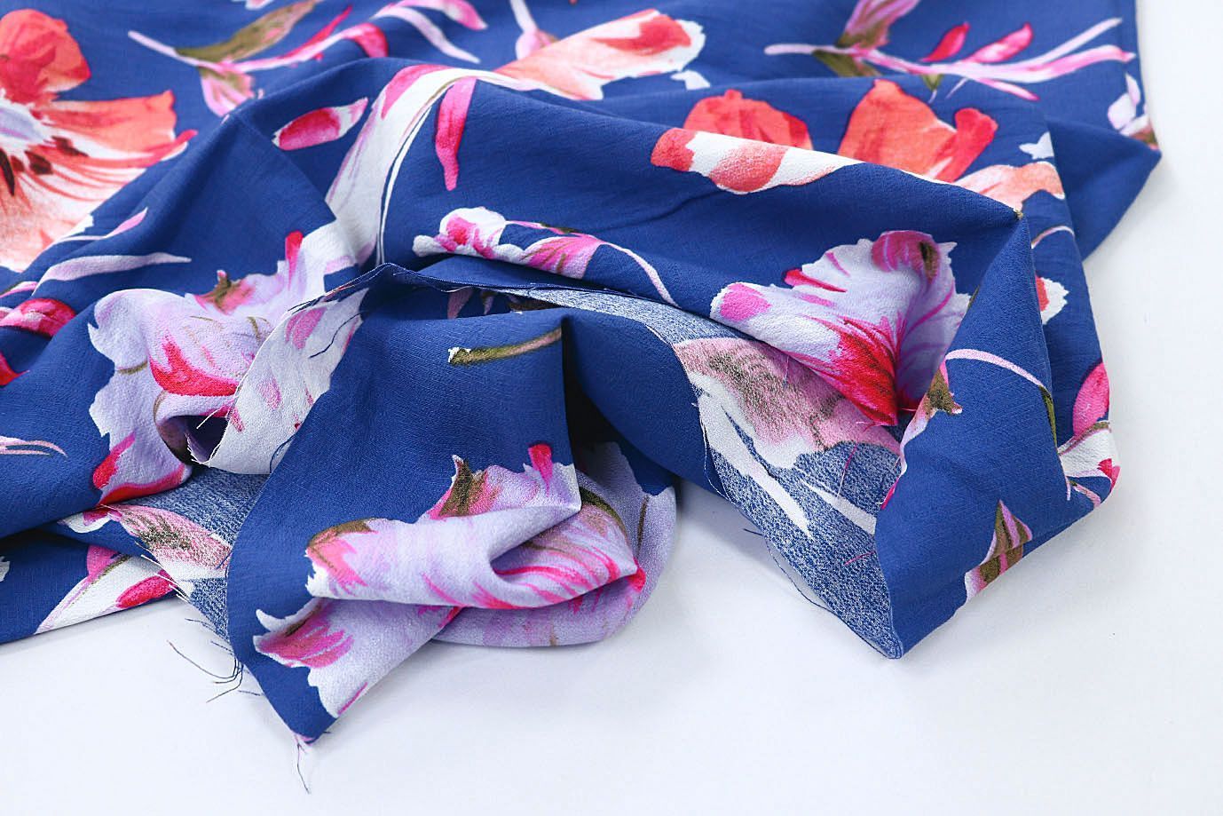 Лен БОХО принт/цветы коралловые на синем 3383-PY/D#9768-287/C#2