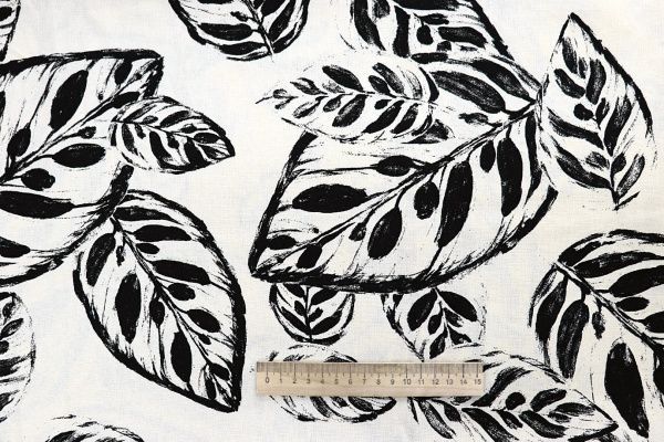 Лен принт/листья черные на молочном 4076-PY/D#1/C#4
