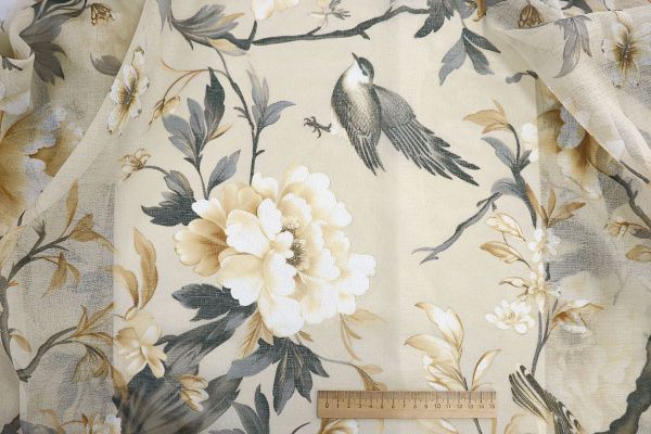 Тюль принт/цветы серо-желтые на бежевом 1520-8/C#Grey
